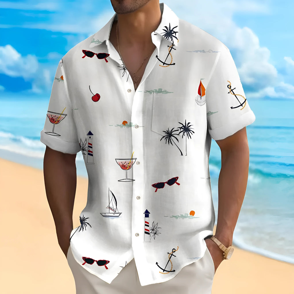Man wearing a loose-fit short-sleeve Hawaiian shirt with a vibrant digital print pattern.
