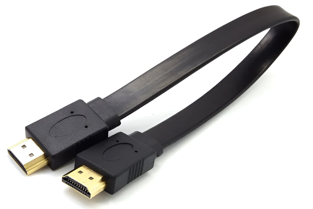 Flat black HDMI cable with male connectors, shown in multiple available lengths for AV connections.