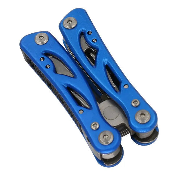 Blue multi-function outdoor pliers knife shown folded and with its included Oxford storage bag.