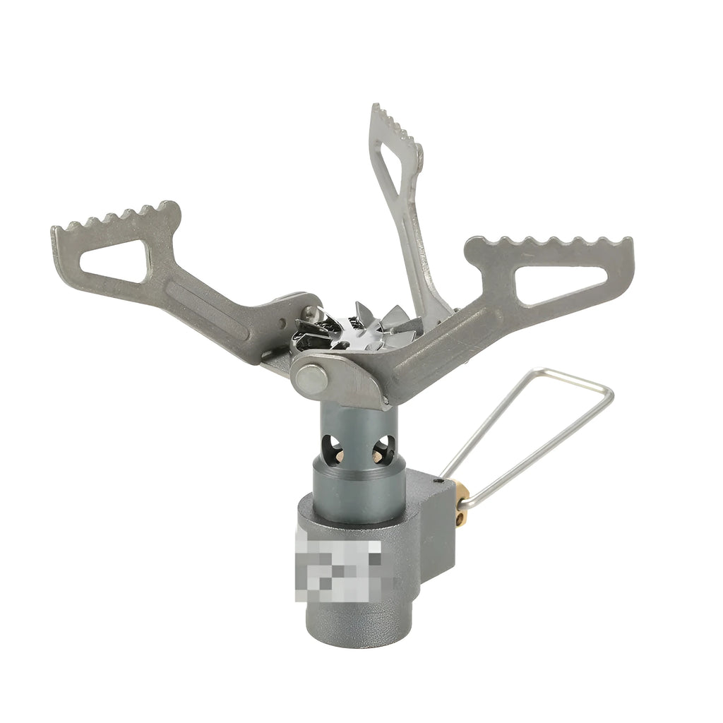 Portable propane gas camping stove with a one-piece metal furnace structure.