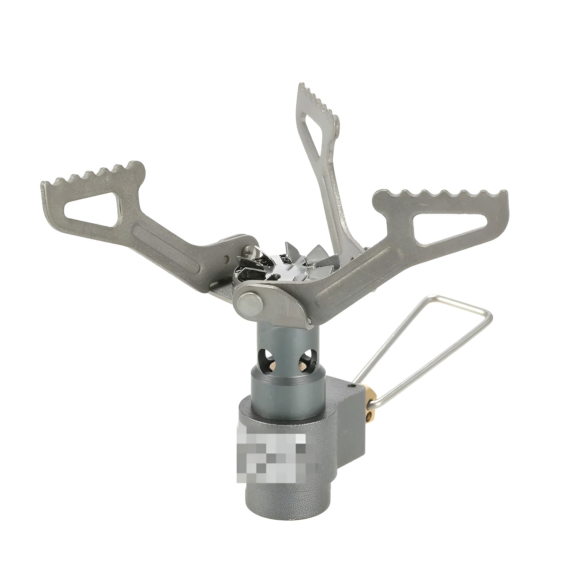Portable propane gas camping stove with a one-piece metal furnace structure.