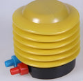 Blue and red plastic pedal-operated foot pump for inflating swim rings, showing 4-inch diameter.