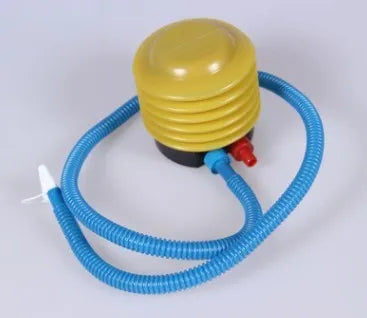 Blue and red plastic pedal-operated foot pump for inflating swim rings, showing 4-inch diameter.
