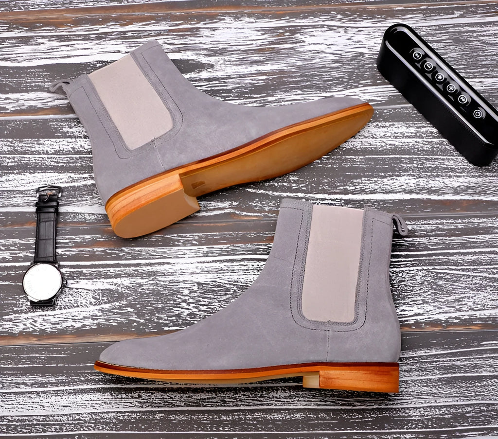 Men's genuine leather Chelsea boots in khaki with side zip closure and ankle height