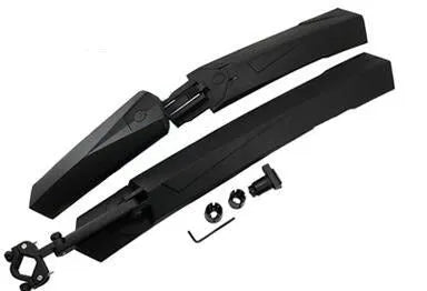 Plastic resin mountain bike fenders in black, blue, green, or red with quick release mechanisms