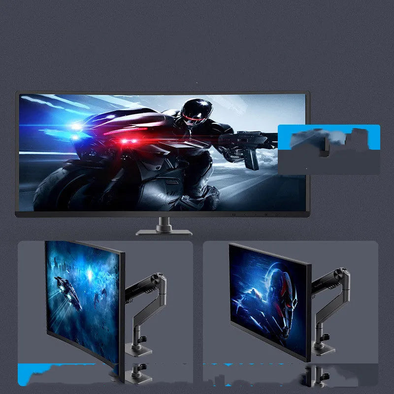 Black gas spring monitor stand on desk with curved screen support, 7K aluminium alloy build