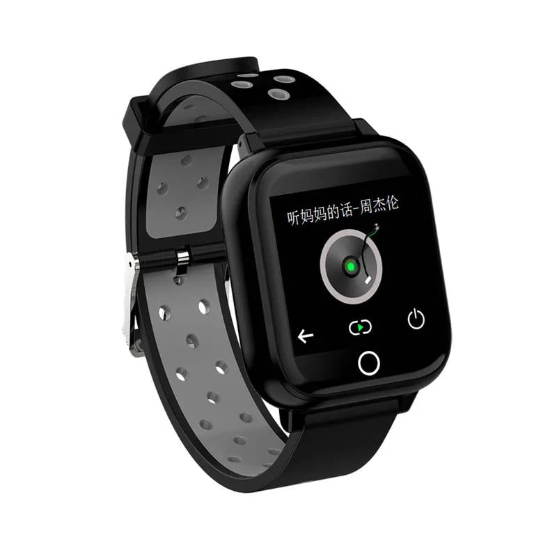 Black smart watch with integrated Bluetooth earbuds stored in the case, showing heart rate tracking on screen.