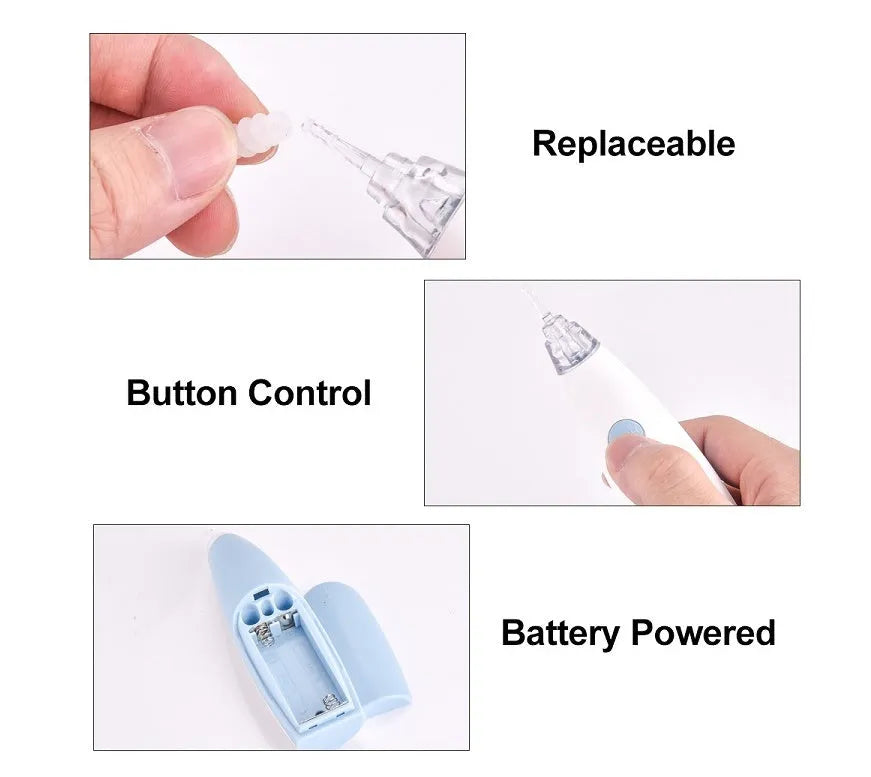Rotating earwax vacuum cleaner with spiral silicone head, LED light, blue and pink colour options