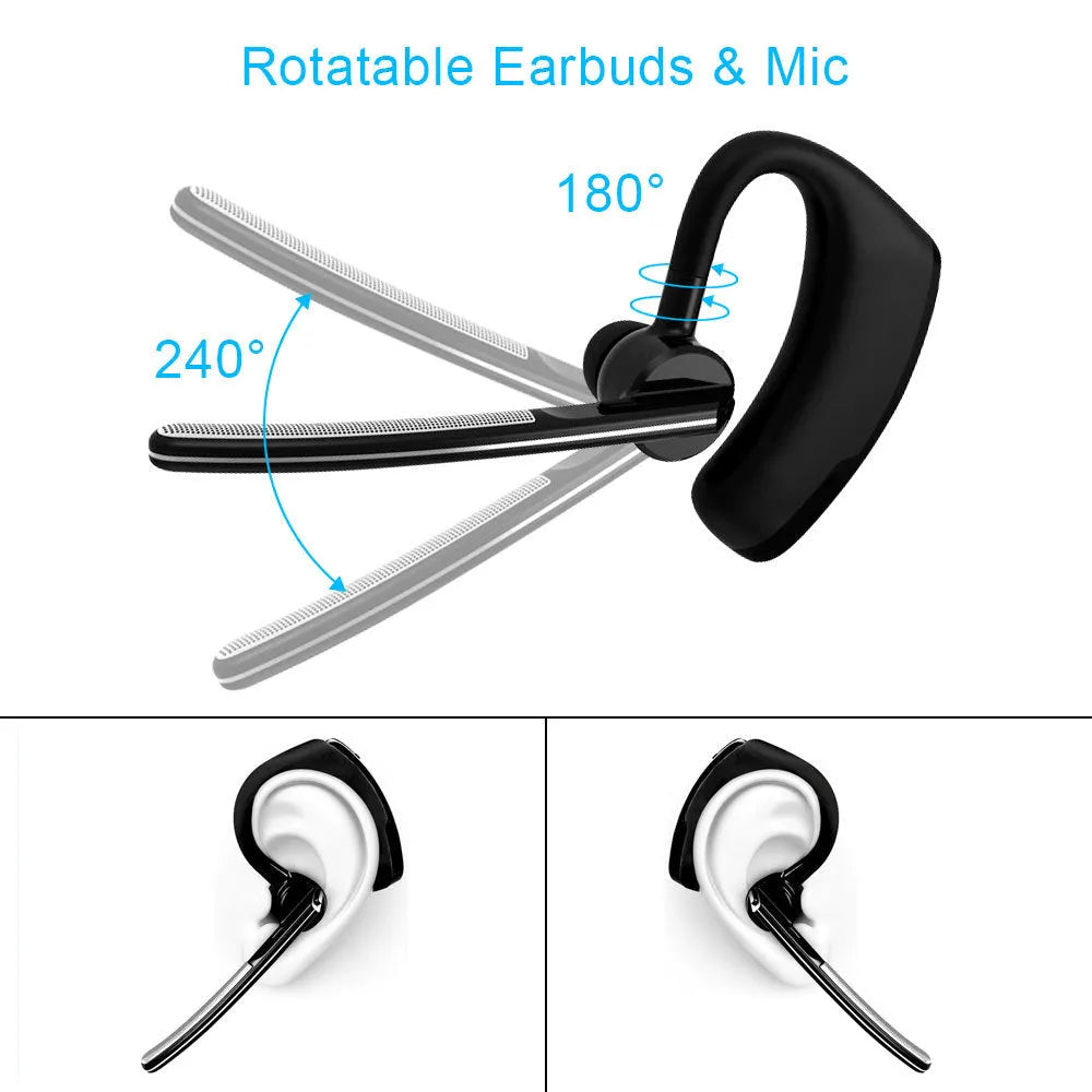 V9 Business Bluetooth wireless headset with ergonomic earpiece and microphone for dual phone connectivity.