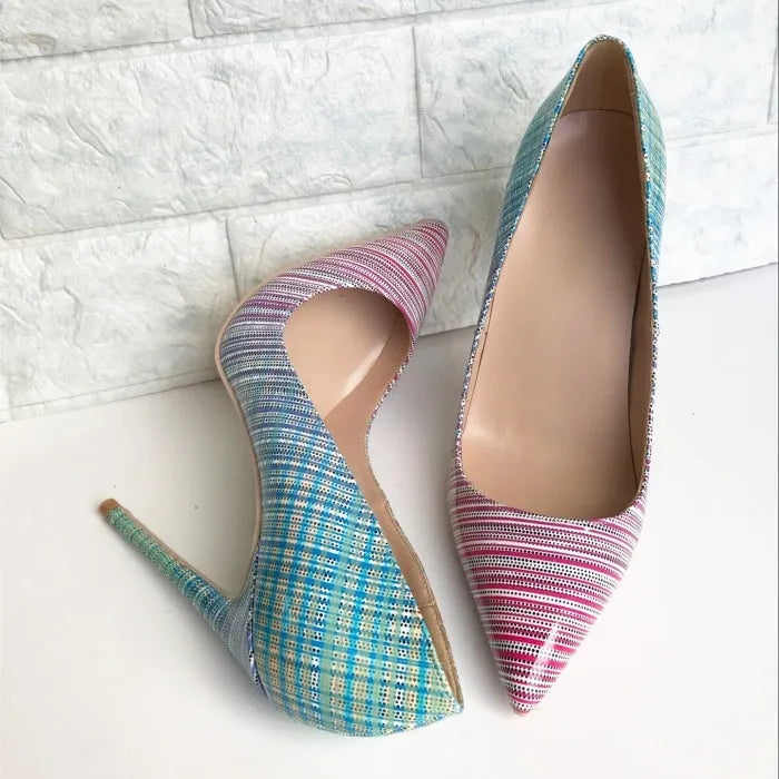 Ladies colourful gradient patent leather heels with pointed toe and super high heel options
