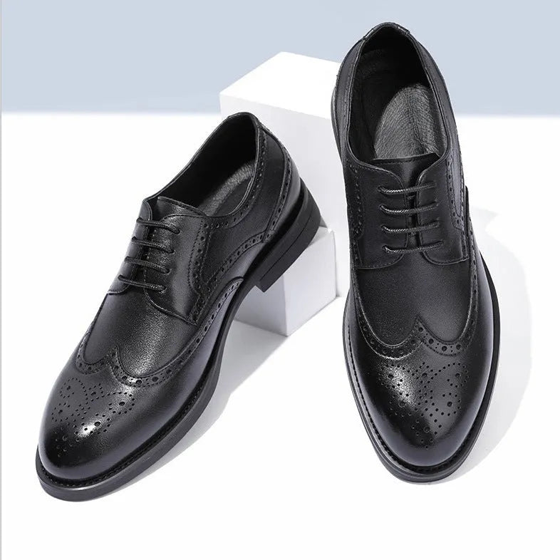 Men's black and brown brogue leather shoes for business wear with traditional perforated detailing