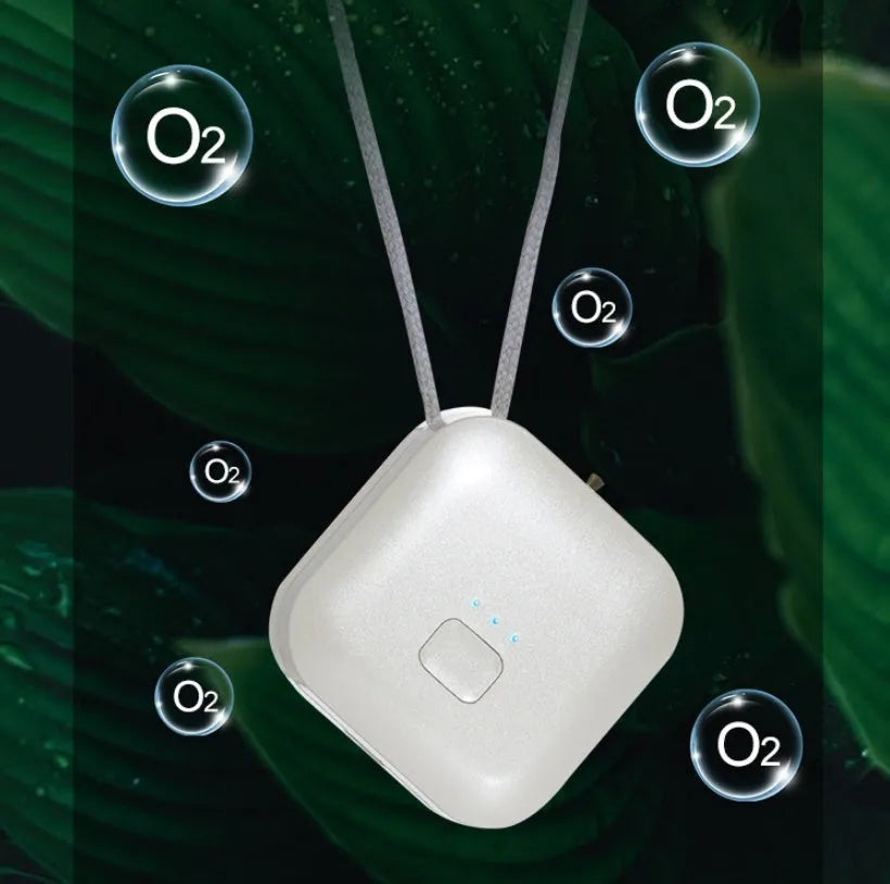 Mini USB rechargeable air purifier necklace in blue, shown with charging cable.