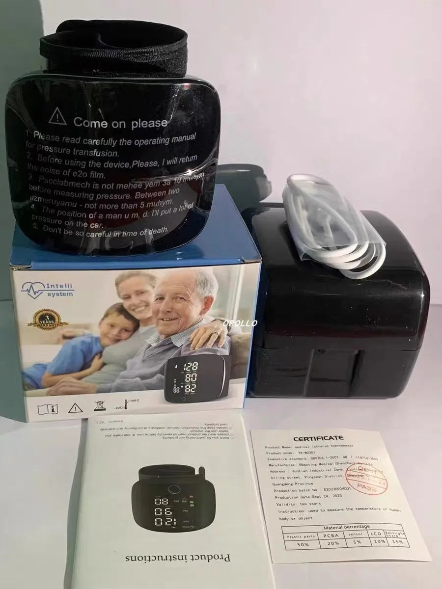 Black wrist-cuff blood pressure monitor with USB charging port and display.