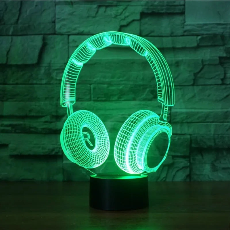 Stereo earphone illusion decorative table lamp with acrylic shade, LED light, and USB cable