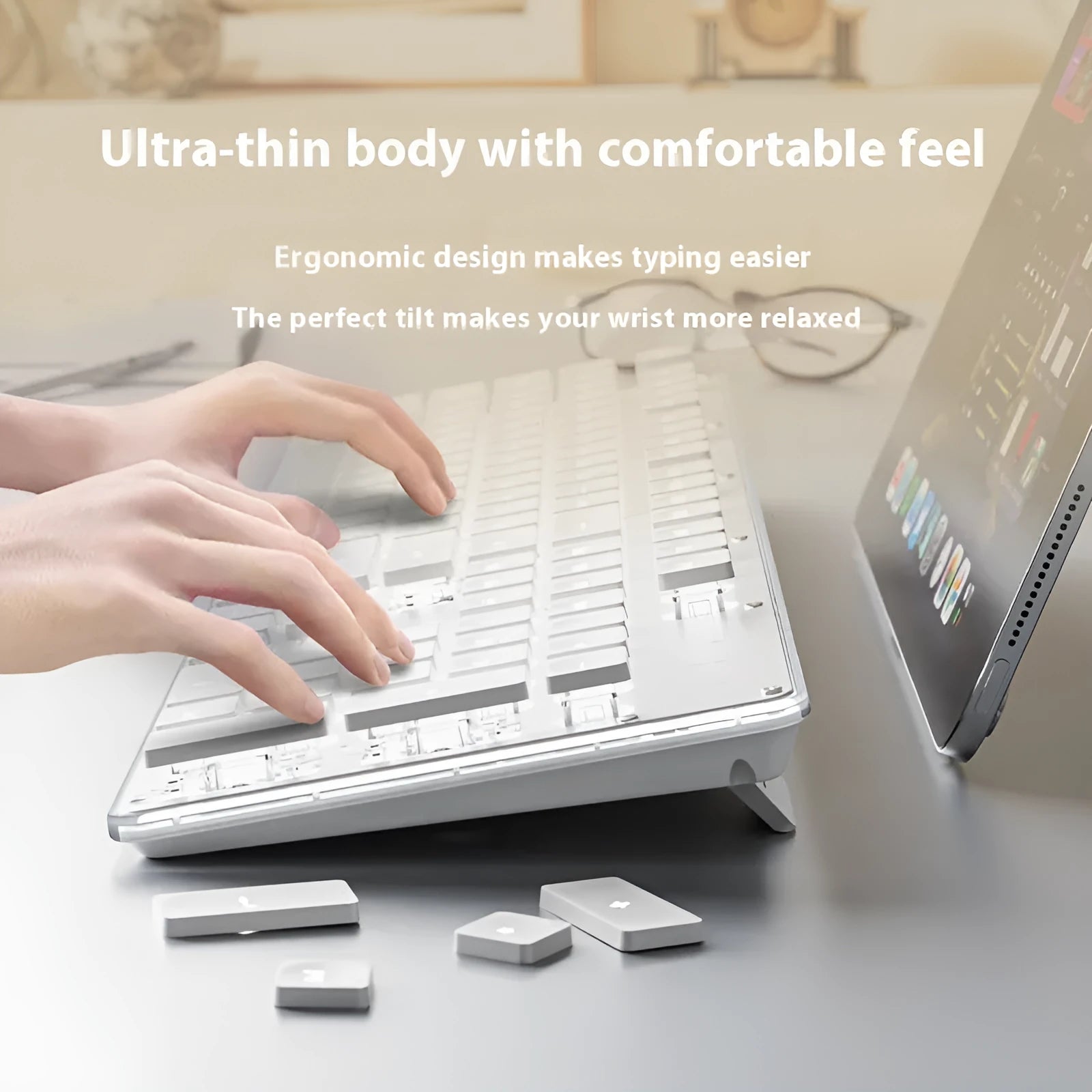 Wired mechanical keyboard with quiet button switches and single-colour backlighting