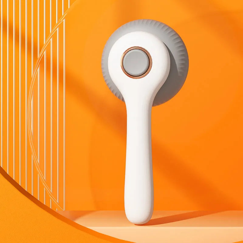 Blue and white self-cleaning pet grooming brush with massage nodules for cats and dogs