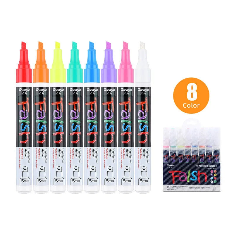 Oblique-shaped electronic fluorescent board highlighter pen with 6mm tip, shown on a card with colour refills.