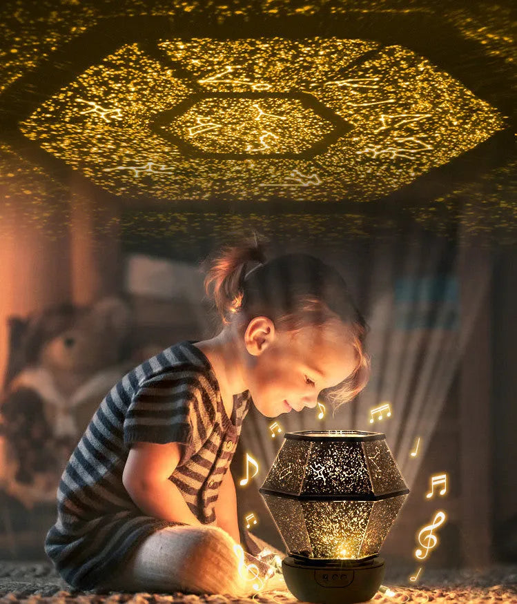 Children's rotating stars LED night light with three-colour light effects on bedroom wall