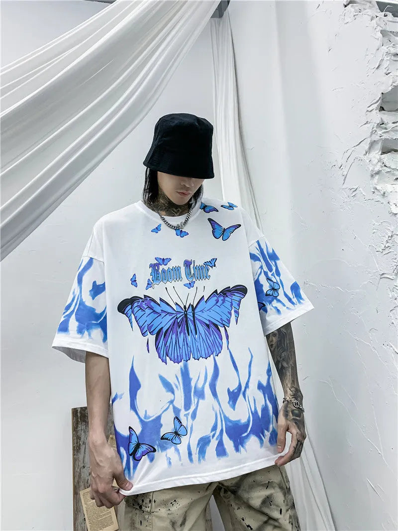 Tide short-sleeved butterfly T-shirt for men in black and white, cotton fabric, casual fitness wear