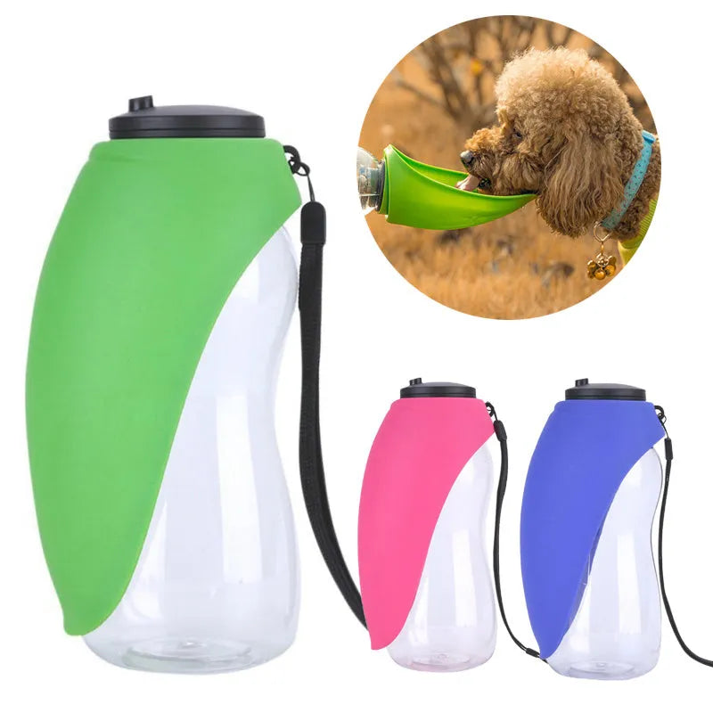 Blue pet water bottle with attached drinking bowl showing 680ml capacity and hanging clip