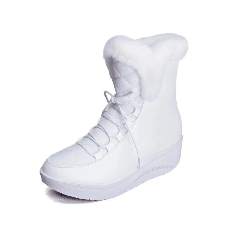 Black women's winter boots with lace-up front, platform sole, and plush lining.