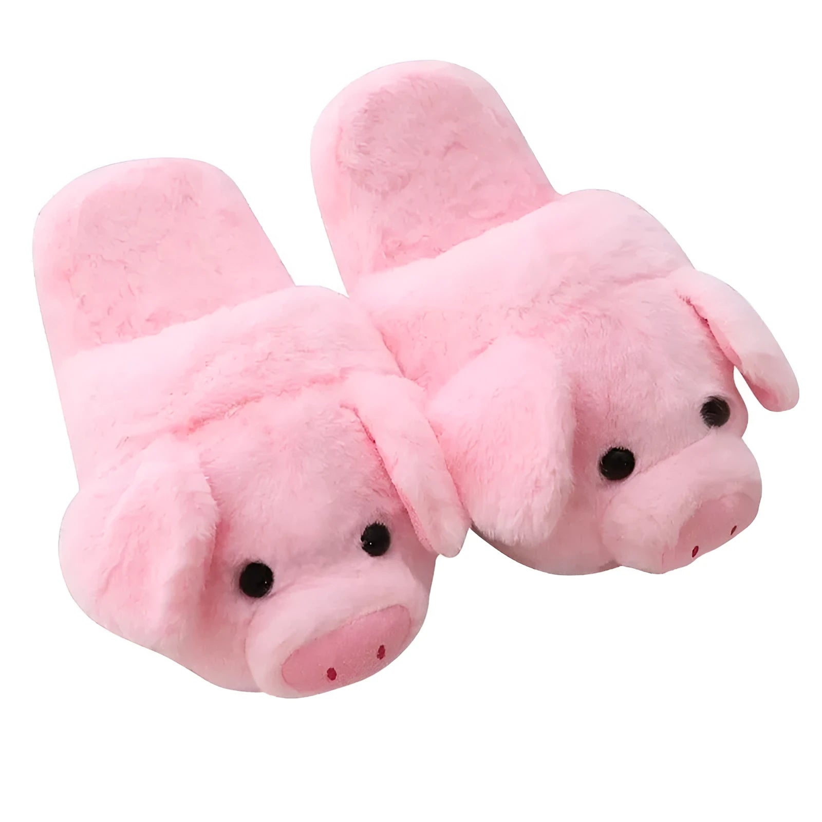 Pink pig-themed plush floor slippers for adults on a white background