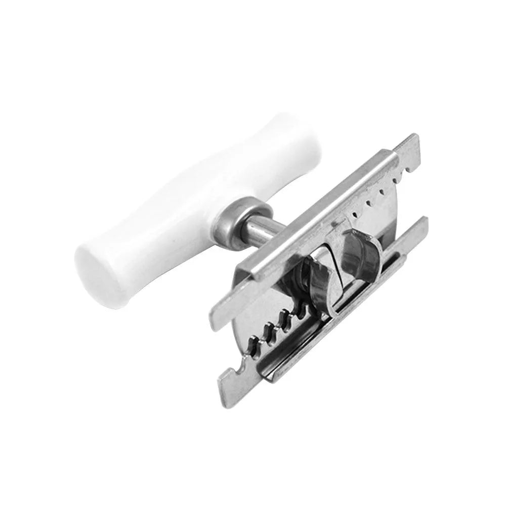 White adjustable stainless steel bottle opener with gear design and PP handle on a wooden surface.
