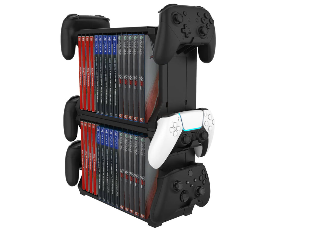 Black ABS plastic disc holder stand for PS5 and Xbox Series X game cartridges with four controller storage bays.