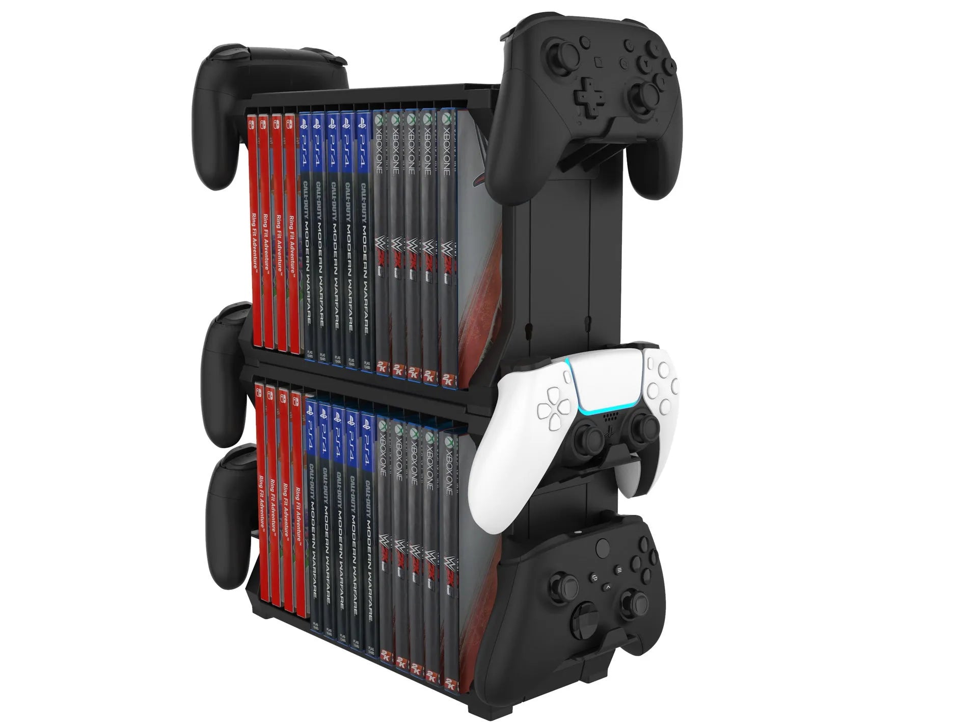 Black ABS plastic disc holder stand for PS5 and Xbox Series X game cartridges with four controller storage bays.