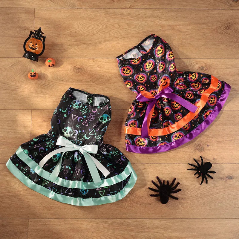 Colourful double-layer Halloween skirt for dogs in pumpkin or skull print.