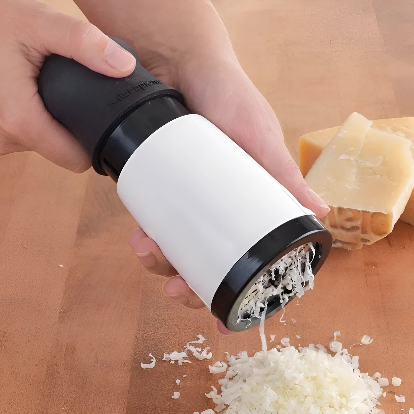 Stainless steel rotary cheese grater with super sharp blade for chocolate fondue and hard cheeses, black and white, 17cm height
