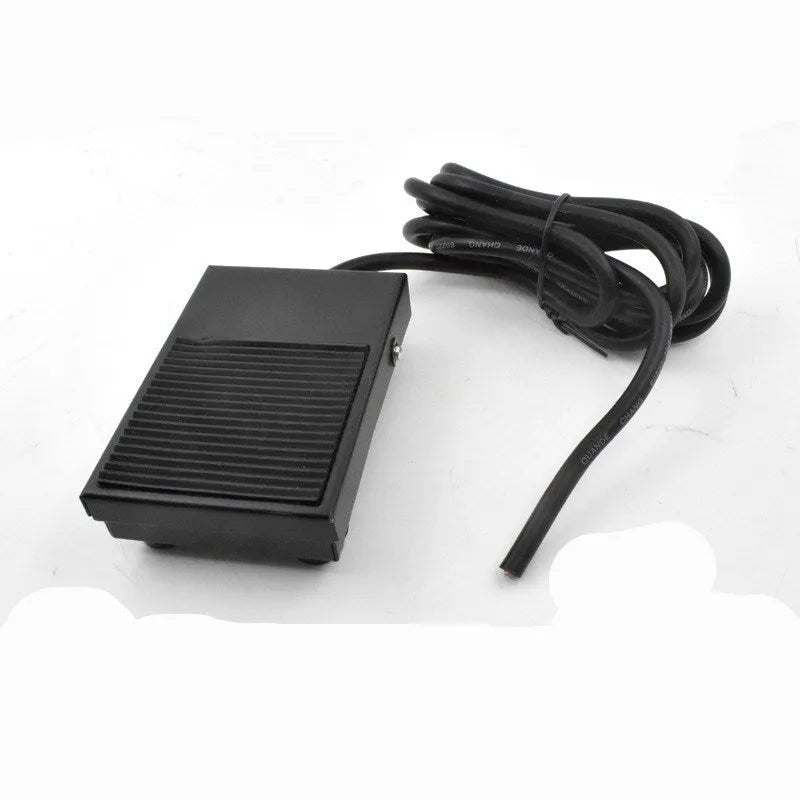 Metal welding foot switch pedal with black rubber top and 1.8 metre grey cable ending in a 2-pin plug connector.
