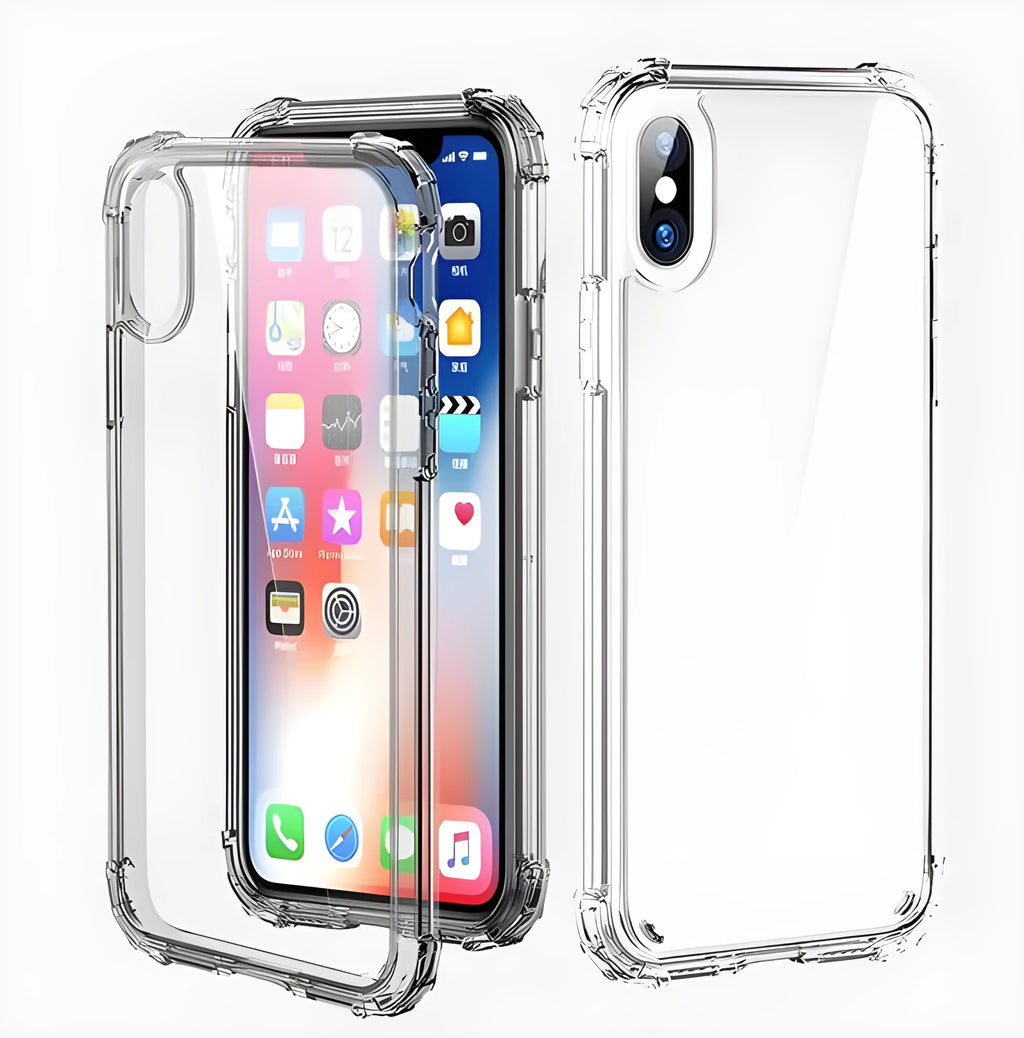 Transparent shockproof TPU phone case for Apple iPhone models on a white background
