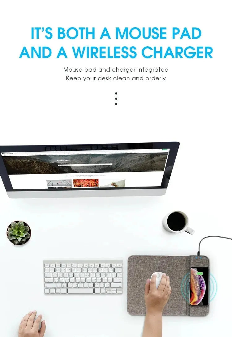 Foldable cloth phone holder with built-in wireless charging pad on a desk.