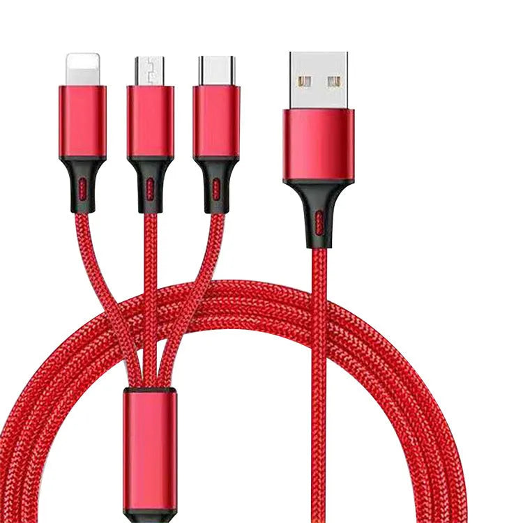 Three-in-one braided charging cable showing red, blue, gold, black, silver, and rose gold colour options
