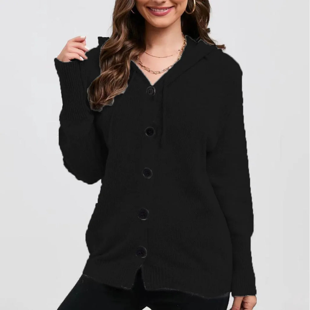 Women's loose fit cotton hooded cardigan sweater in a solid colour with textured pattern.