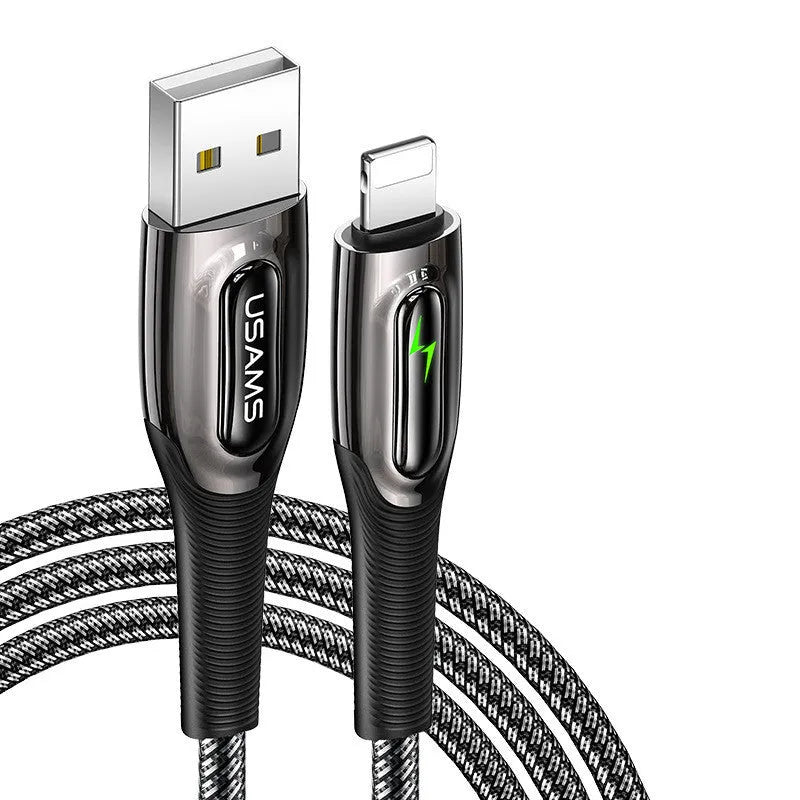 Black braided Lightning to USB cable with zinc alloy connectors for iPhone charging.