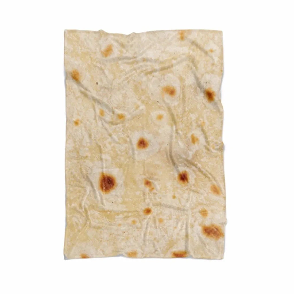 Round coral fleece burrito blanket with food print, shown in a folded pile.