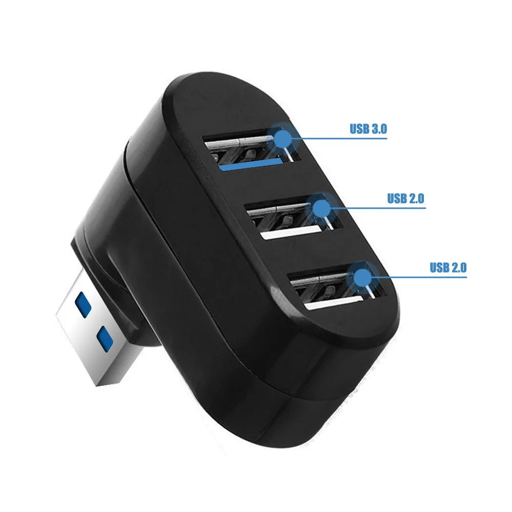 Black 4-port USB 3.0 rotating hub on a white background showing its compact size.