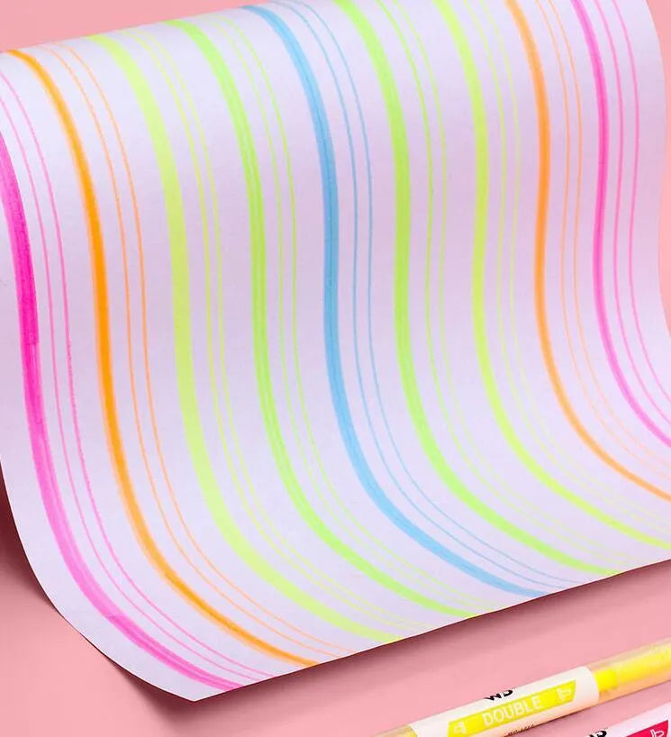 Set of six double-headed marker pens showing round and oblique tips in various colours