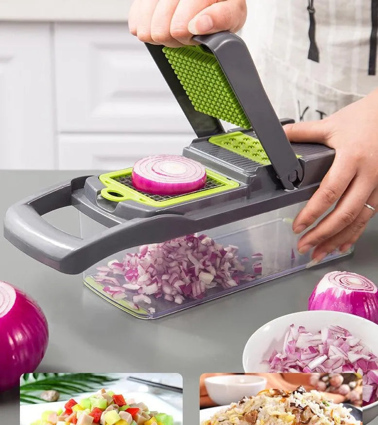 Multifunctional vegetable cutter with seven stainless steel blades on a kitchen counter