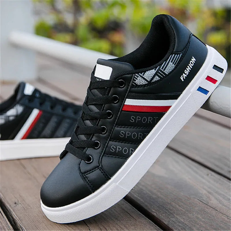 A pair of sports shoes in black, grey, or white, shown next to a size chart for 39 to 44.
