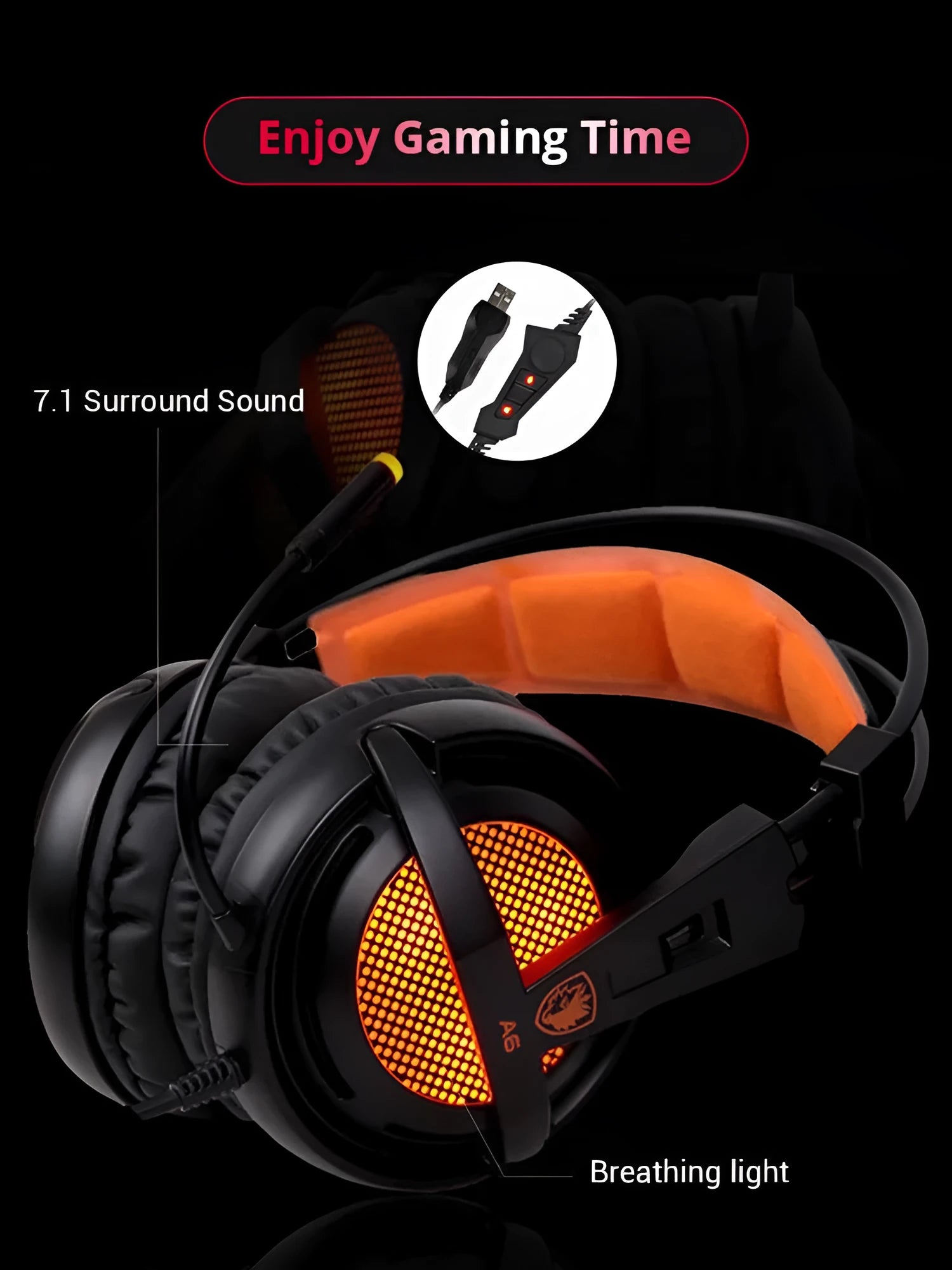 Black and white USB gaming headset with LED lights and large ear cups