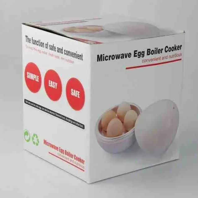 White egg-shaped microwave cooker for boiling up to four eggs, showing vent hole and knob.