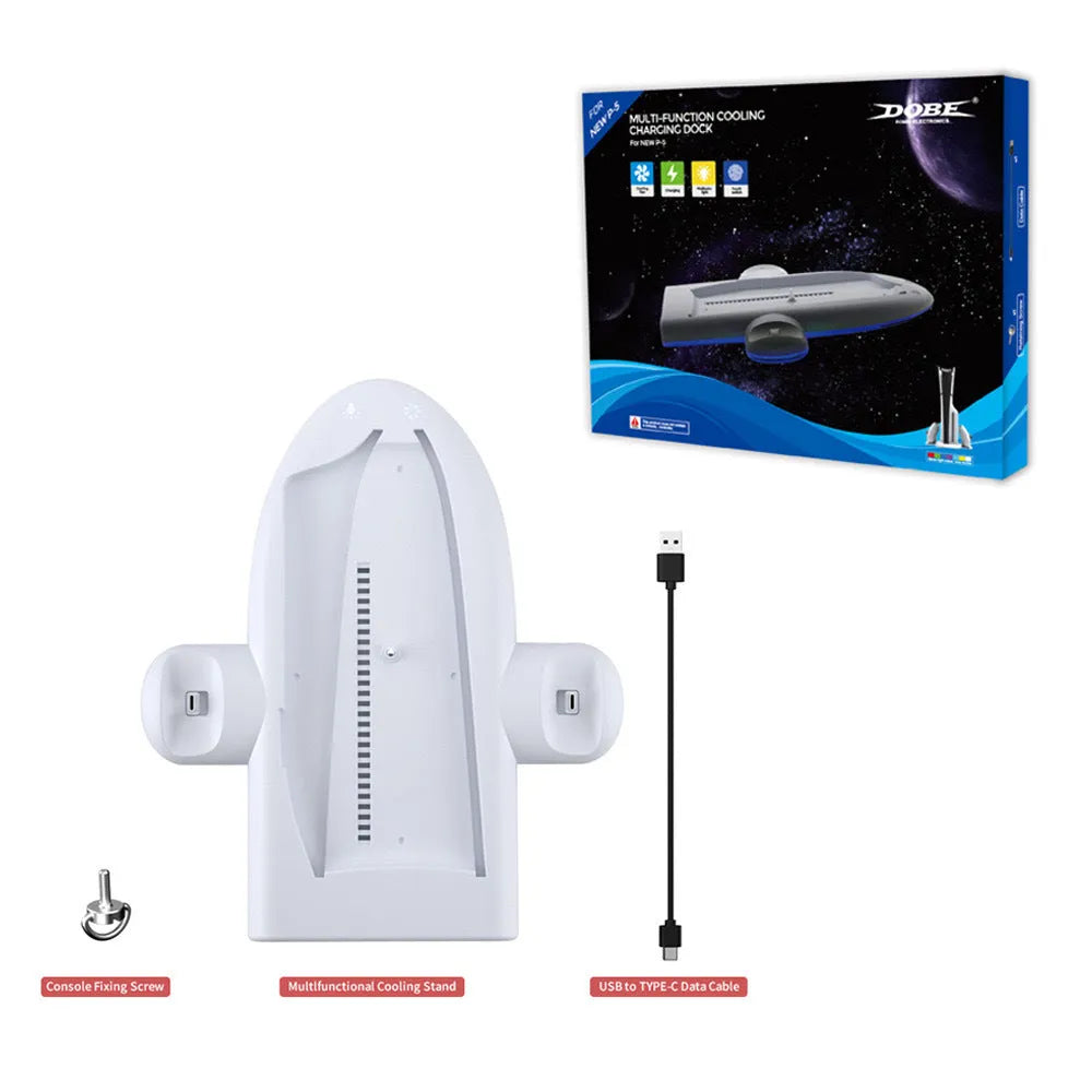 White PS5 Slim multifunctional charging base with cooler fan, RGB lights, and charging belt.