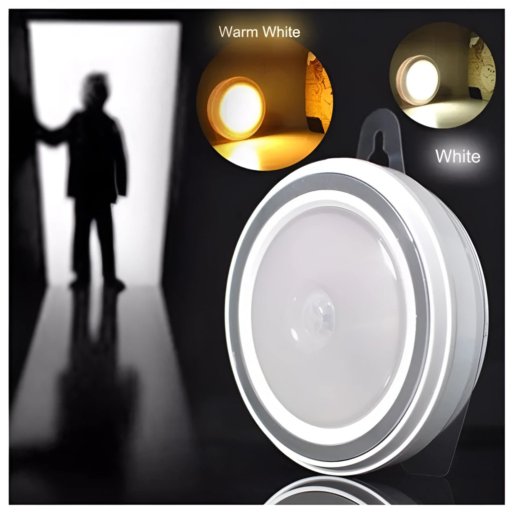 Compact round white motion sensor LED light for automatic wardrobe and corridor lighting.