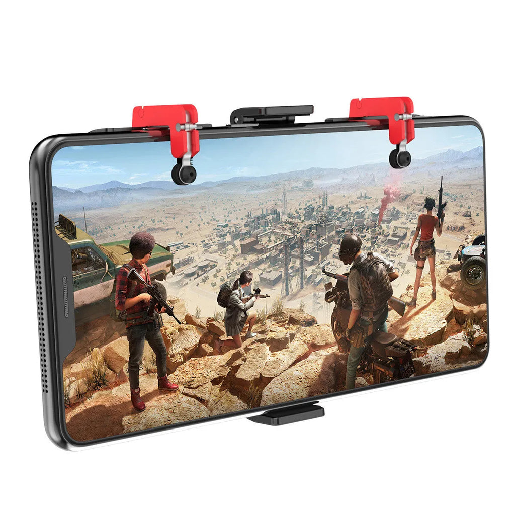 Black mobile gaming phone bracket with ergonomic handle and telescopic phone clip extended.