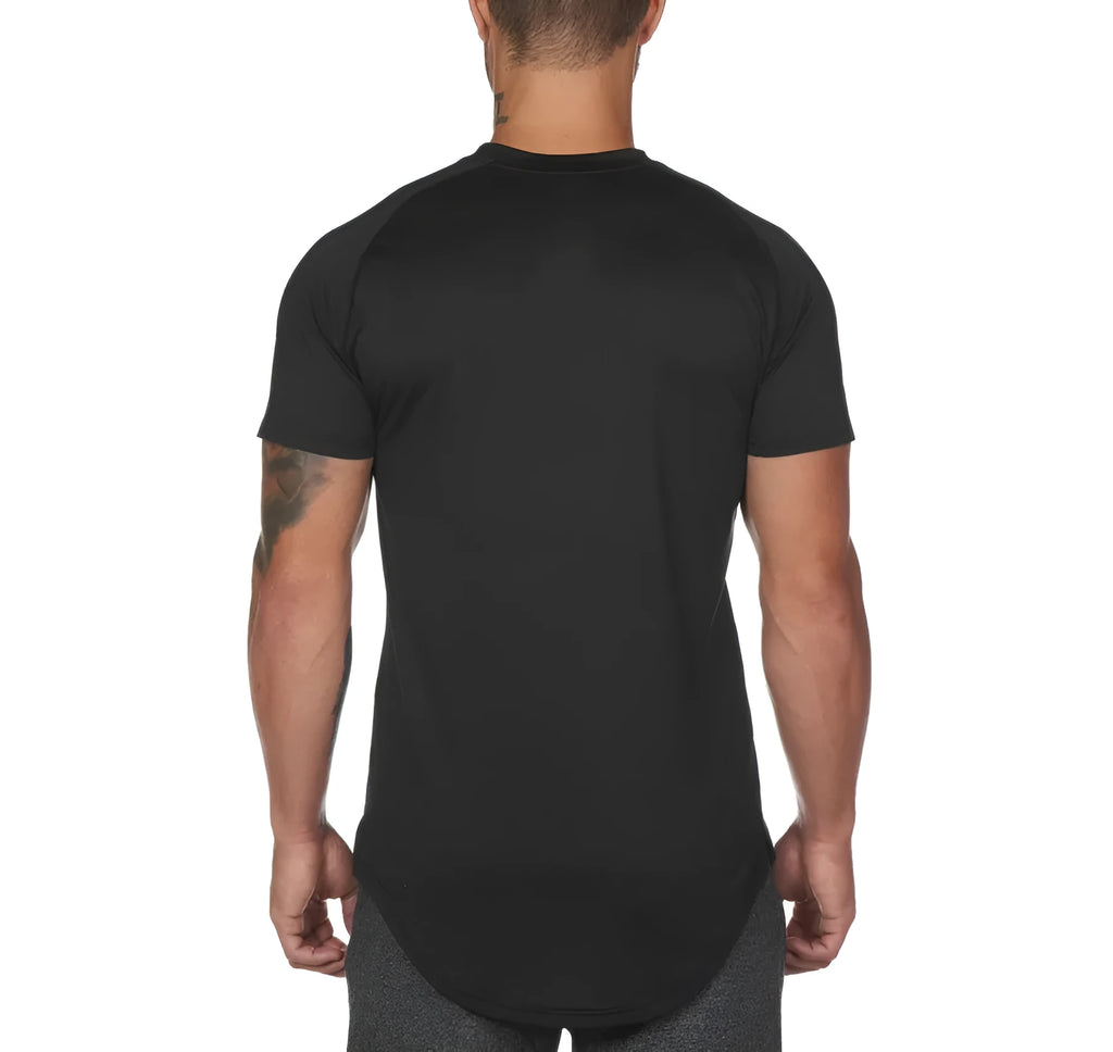 Men's plain custom gym shirt in cotton-spandex blend showing colour and letter print options.