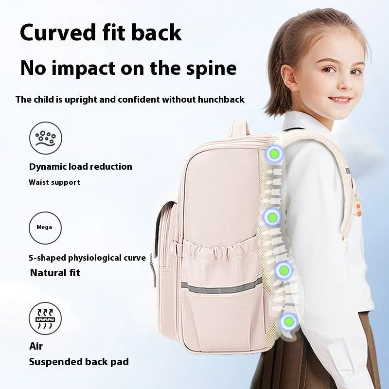 Lightweight large capacity student school backpack in Oxford cloth available in navy blue, pink, green, and beige.