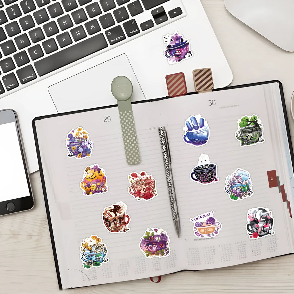 Pack of 50 colourful tea cup graffiti waterproof stickers in Nordic style for luggage and scooter DIY